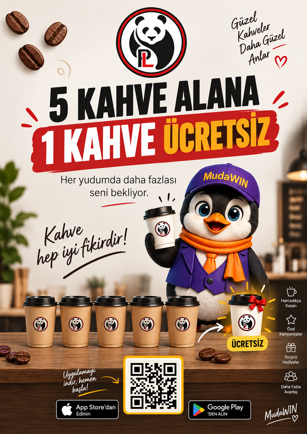 MudaWIN pengueni ve QR koduyla dijital sadakat programını anlatan WIN noktası standı